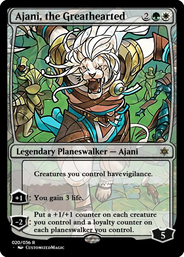 War of the Sparks Planeswalkers Stained Glass - Part 1 | Ajani the Greathearted 1 | Magic the Gathering / MTG Proxy Cards | Wrenn and Realmbreaker