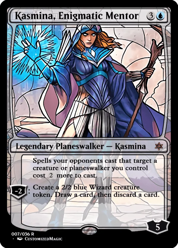War of the Sparks Planeswalkers Stained Glass - Part 1 | Kasmina Enigmatic Mentor 1 | Magic the Gathering / MTG Proxy Cards | Wrenn and Realmbreaker