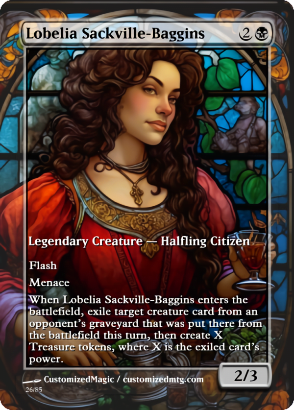 The Lord of the Rings- Tales of Middle-earth Legendary - Stained Glass Edition - Part 3 of 4 | Lobelia Sackville Baggins | Magic the Gathering Proxy Cards