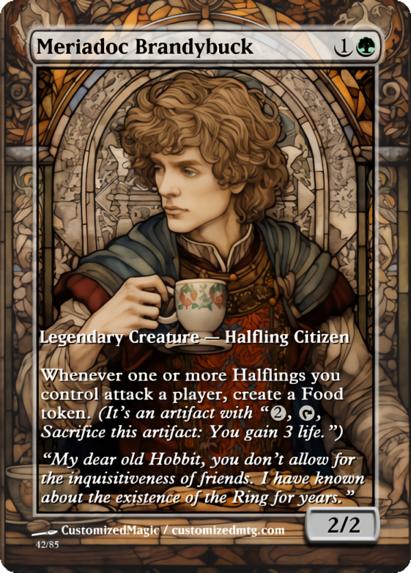 The Lord of the Rings- Tales of Middle-earth Legendary - Stained Glass Edition - Part 3 of 4 | Meriadoc Brandybuck | Magic the Gathering Proxy Cards