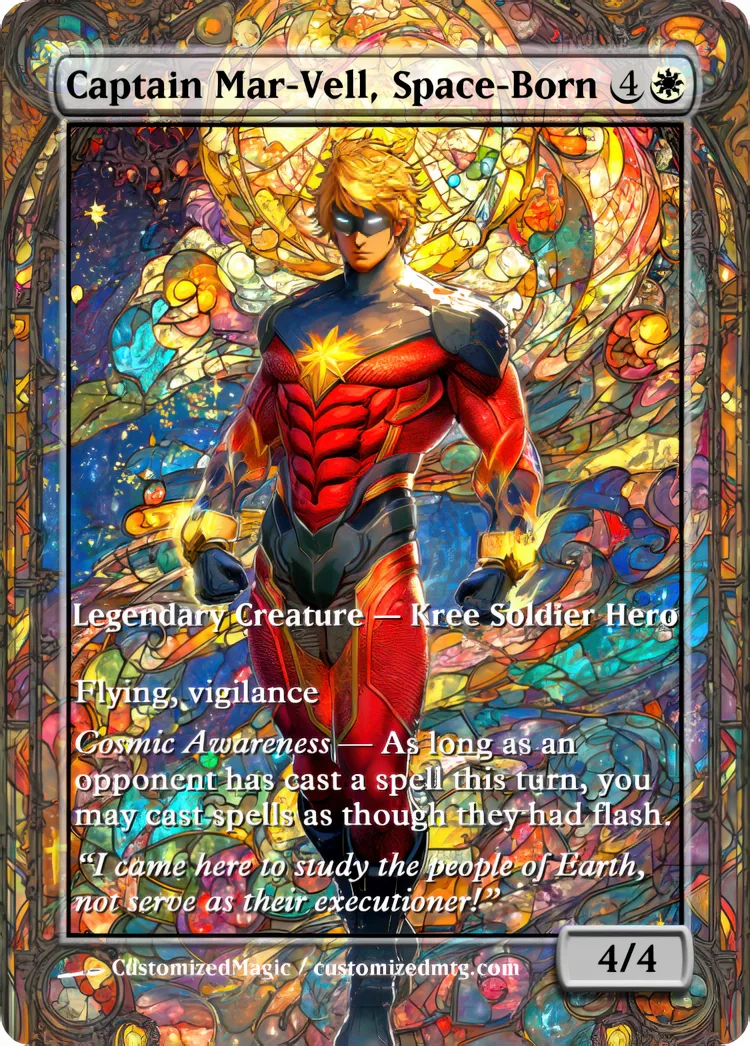 Marvel Super Heroes - Commanders - Stained Glass Edition Part 2 of 6 | Captain Mar Vell Space Born | Magic the Gathering / MTG Proxy Cards | Magic the Gathering Proxy Cards