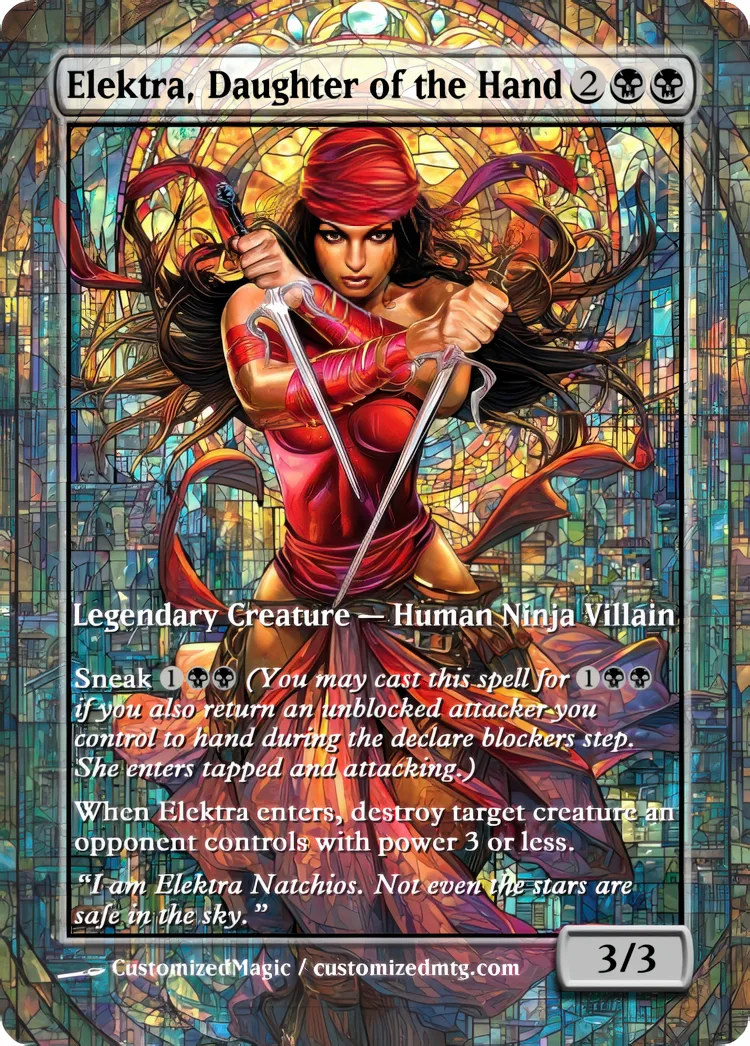 Marvel Super Heroes - Commanders - Stained Glass Edition Part 2 of 6 | Elektra Daughter of the Hand | Magic the Gathering / MTG Proxy Cards | Magic the Gathering Proxy Cards