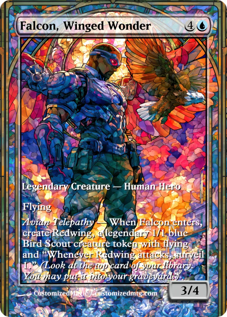 Marvel Super Heroes - Commanders - Stained Glass Edition Part 2 of 6 | Falcon Winged Wonder | Magic the Gathering / MTG Proxy Cards | Magic the Gathering Proxy Cards