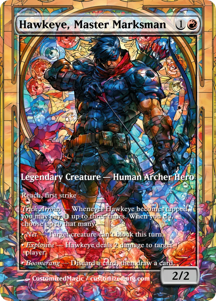 Marvel Super Heroes - Commanders - Stained Glass Edition Part 2 of 6 | Hawkeye Master Marksman | Magic the Gathering / MTG Proxy Cards | Magic the Gathering Proxy Cards