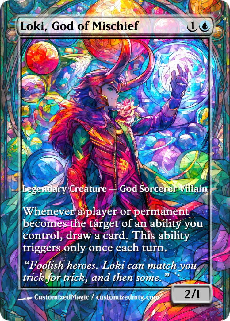 Marvel Super Heroes - Commanders - Stained Glass Edition Part 3 of 6 | Loki God of Mischief | Magic the Gathering / MTG Proxy Cards | Magic the Gathering Proxy Cards