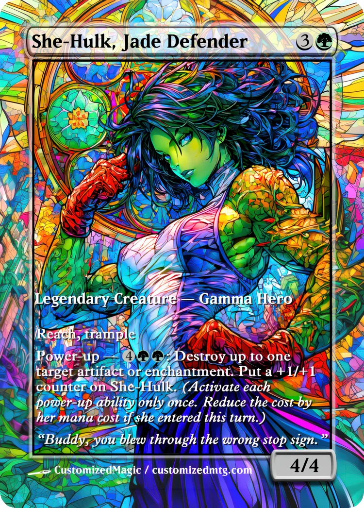 Marvel Super Heroes - Commanders - Stained Glass Edition Part 5 of 6 | She Hulk Jade Defender | Magic the Gathering / MTG Proxy Cards | Magic the Gathering Proxy Cards