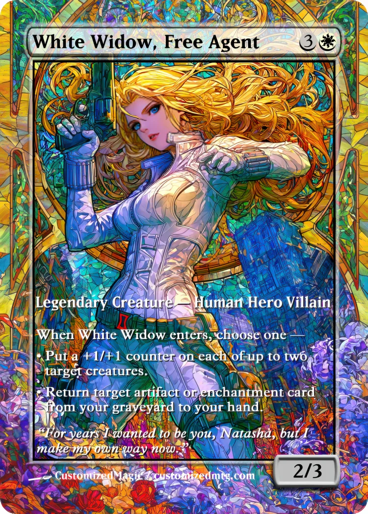 Marvel Super Heroes - Commanders - Stained Glass Edition Part 6 of 6 | White Widow Free Agent | Magic the Gathering / MTG Proxy Cards | Magic the Gathering Proxy Cards